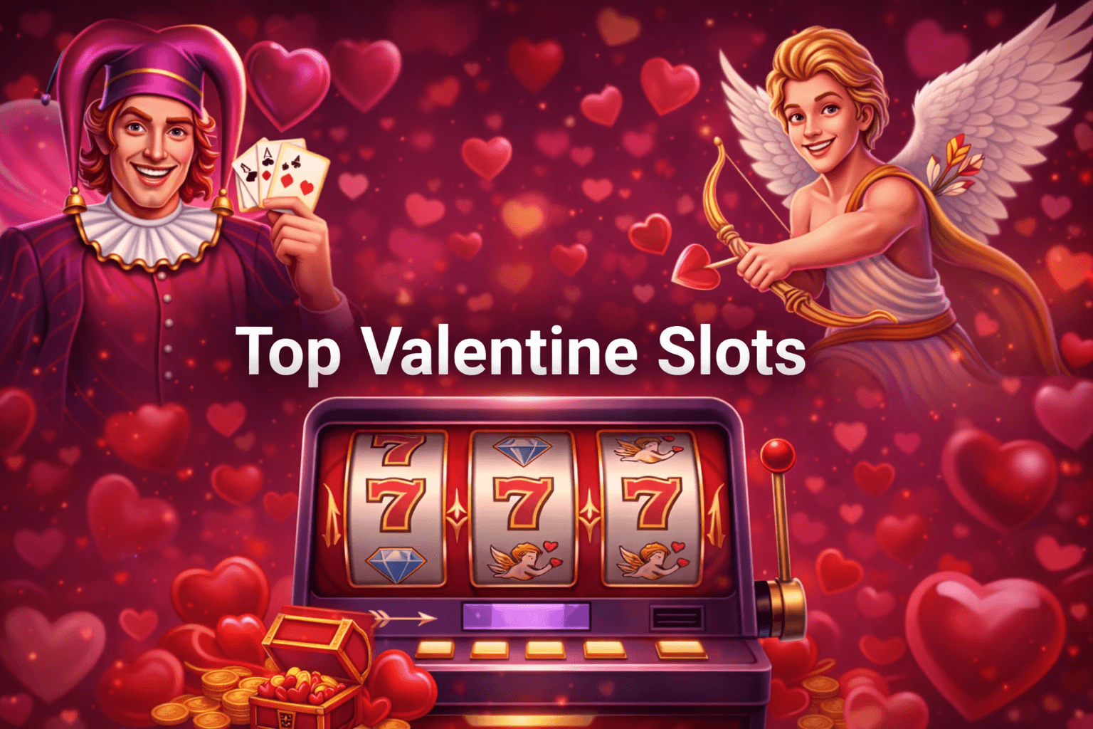 Valentine’s slots banner with a joker holding playing cards and a cupid aiming a heart-tipped arrow beside a classic slot machine, on a heart-filled pink background with the text “Top Valentine Slots.